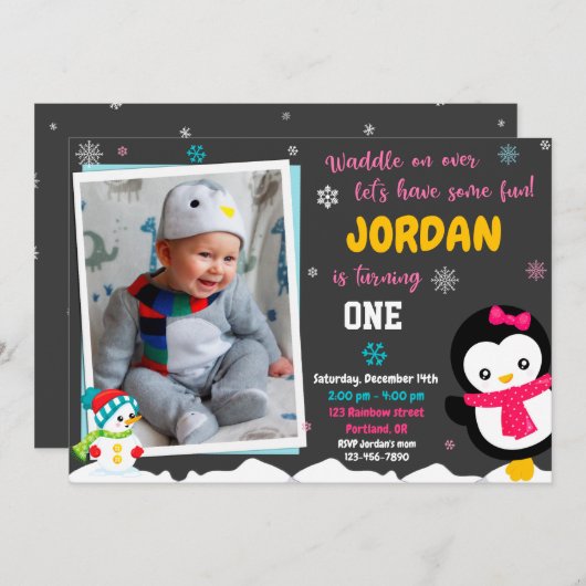 Uitnodiging tot verjaardag van Penguin (Voorkant / Achterkant)