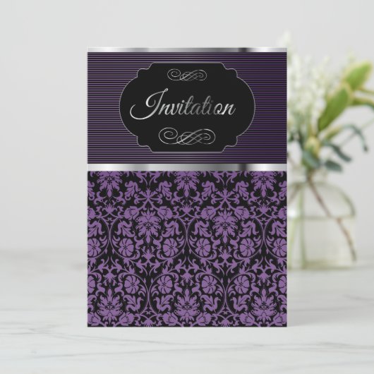 Uitnodiging tot viering Paarse Damask Party (Staand voorkant)