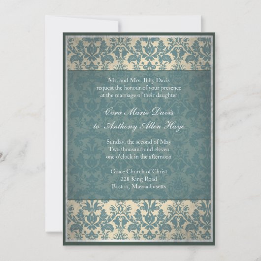 Uitnodiging tot Vintage Blue Damask Wedding (Voorkant)
