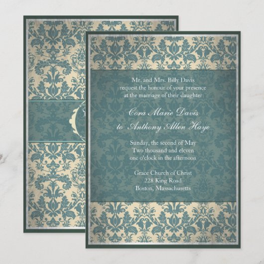 Uitnodiging tot Vintage Blue Damask Wedding (Voorkant / Achterkant)