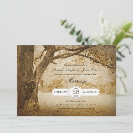 Uitnodiging tot Vintage Boom Carving Wedding (Staand voorkant)