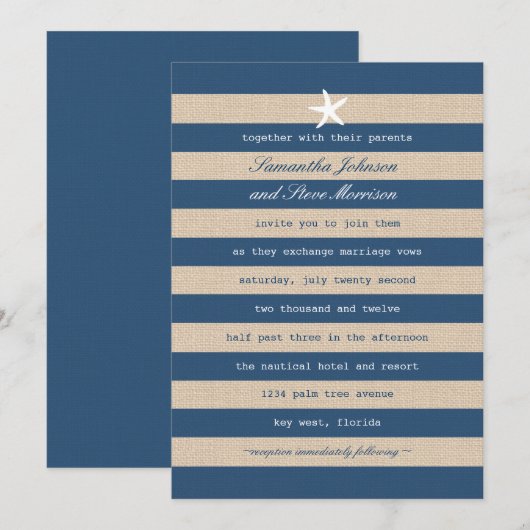 Uitnodiging tot Vintage Ocean Stripes Wedding (Voorkant / Achterkant)