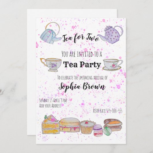 Uitnodiging tot waterverf baby shower (meisje) (Voorkant / Achterkant)