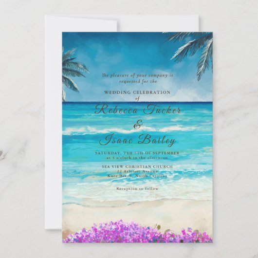 Uitnodiging tot waterverf Beach Blue Ocean Wedding (Voorkant)