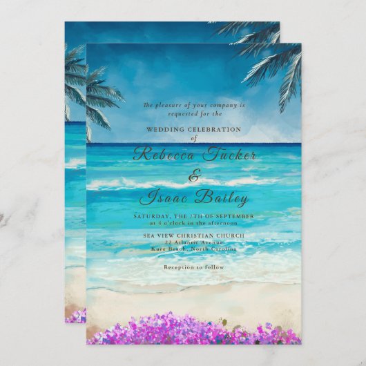 Uitnodiging tot waterverf Beach Blue Ocean Wedding (Voorkant / Achterkant)