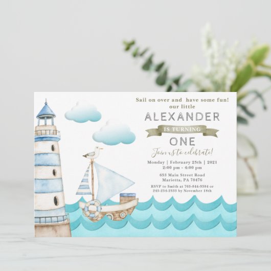 Uitnodiging tot waterverf Nautical Birthday Party (Staand voorkant)