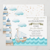 Uitnodiging tot waterverf Nautical Birthday Party (Voorkant / Achterkant)