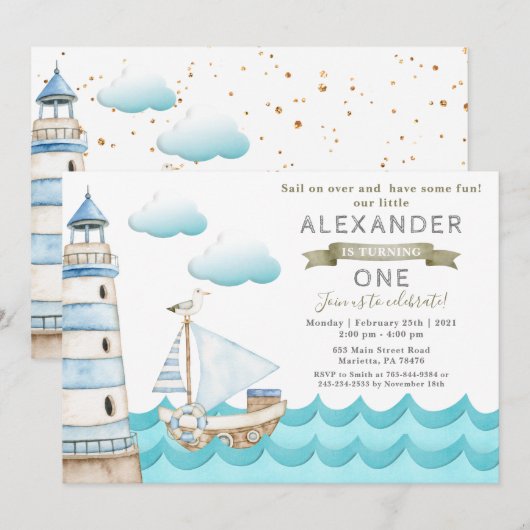 Uitnodiging tot waterverf Nautical Birthday Party (Voorkant / Achterkant)