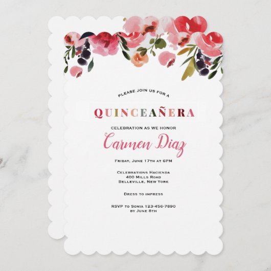 Uitnodiging tot Waterverf van Quinceañera (Voorkant / Achterkant)