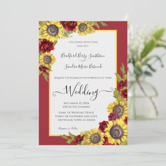 Uitnodiging tot weddenschap met bijtende Gele Zonn (Staand voorkant)