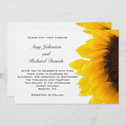 Uitnodiging tot weddenschap met geel zonnebloem |  (Voorkant / Achterkant)