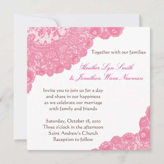 Uitnodiging tot weddenschap met roze kant (Voorkant)