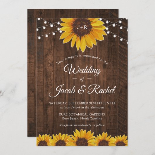 Uitnodiging tot weddenschap tussen Rustic Sunflowe (Voorkant / Achterkant)