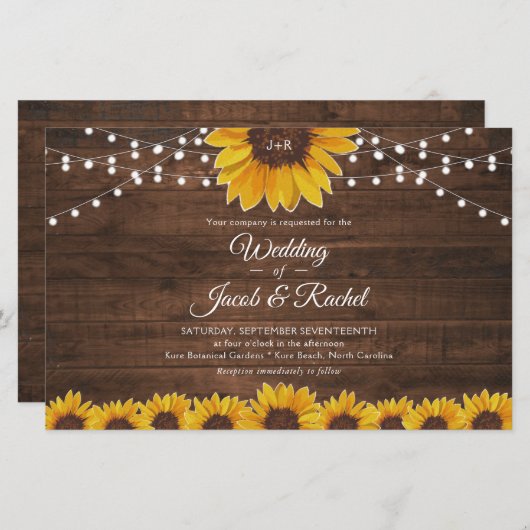 Uitnodiging tot weddenschap tussen Rustic Sunflowe (Voorkant / Achterkant)