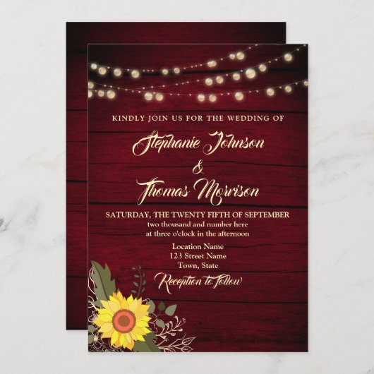 Uitnodiging tot weddenschap tussen Rustic Sunflowe (Voorkant / Achterkant)