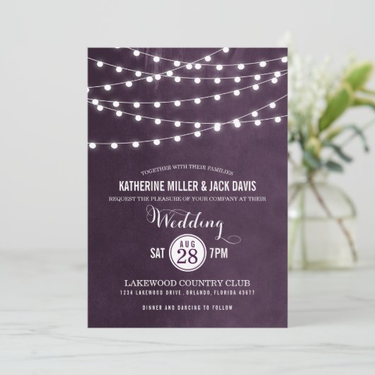 Uitnodiging tot weddenschap van plum String Lights (Staand voorkant)