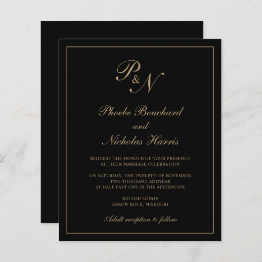 Uitnodiging tot weddenschappen in Monogram Black e (Voorkant / Achterkant)