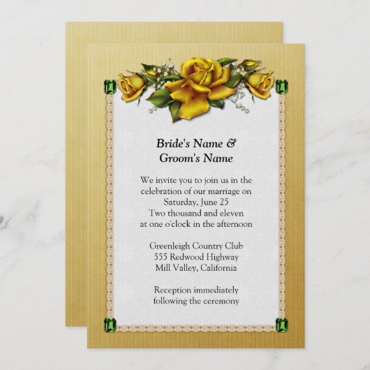 Uitnodiging tot weddenschappen met Gele rozen en E (Voorkant / Achterkant)