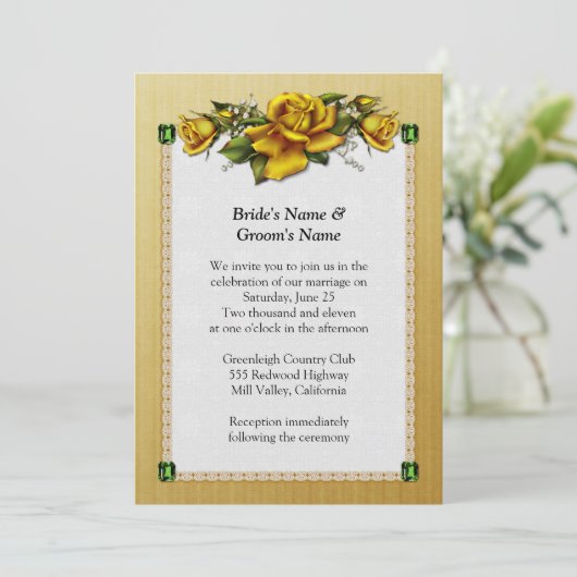 Uitnodiging tot weddenschappen met Gele rozen en E (Staand voorkant)