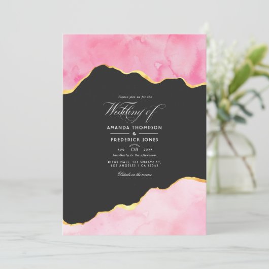 Uitnodiging tot weddenschappen met roze en goudgri (Staand voorkant)