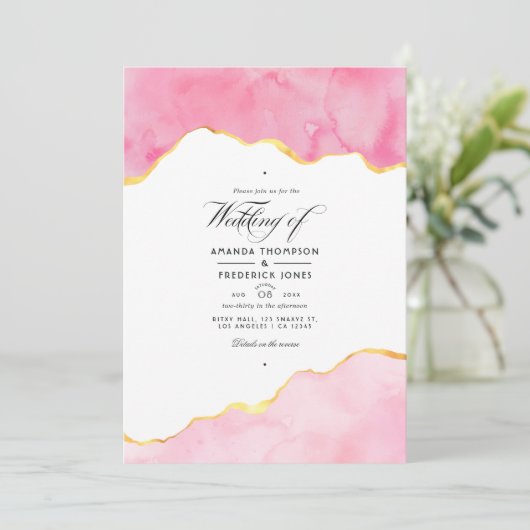 Uitnodiging tot weddenschappen met roze en goudgri (Staand voorkant)