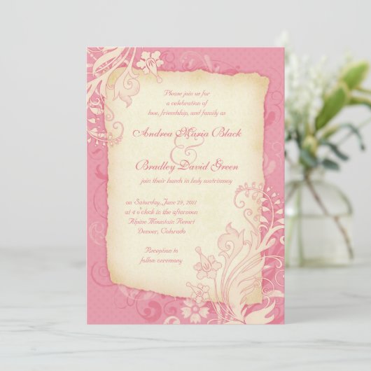 Uitnodiging tot weddenschappen met roze en ivoor (Staand voorkant)