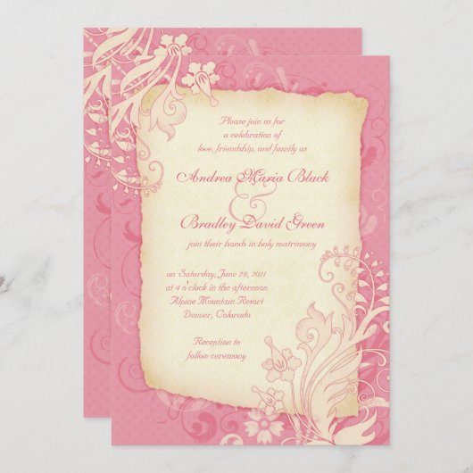 Uitnodiging tot weddenschappen met roze en ivoor (Voorkant / Achterkant)