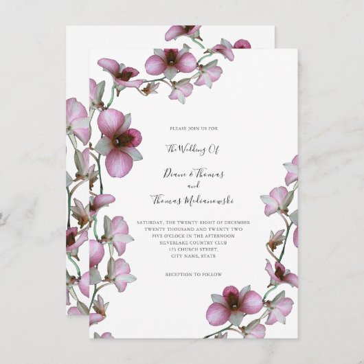 Uitnodiging tot weddenschappen met roze orchidee (Voorkant / Achterkant)