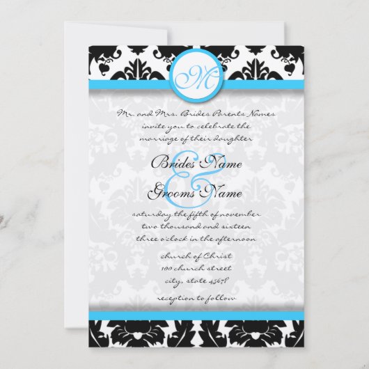 Uitnodiging tot weduwen van Bright Aqua Damask Hea (Achterkant)