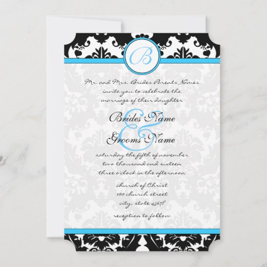 Uitnodiging tot weduwen van Bright Aqua Damask Hea (Achterkant)