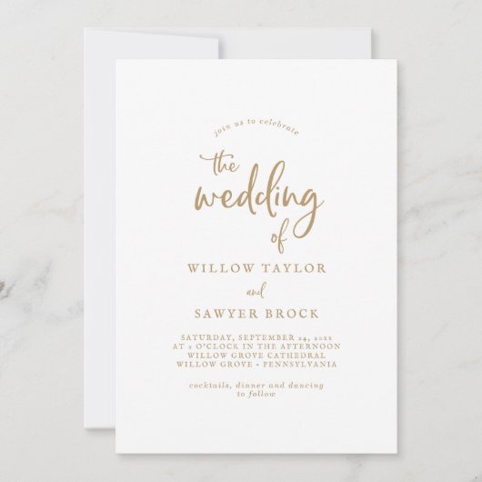 Uitnodiging tot weduwschap in Rustic Gold Script (Voorkant)