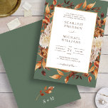 Uitnodiging tot weduwschap met Elegant Fall Leaves<br><div class="desc">Elegant Fall Leaves Wedding Invitation. Deze elegante trouwuitnodiging is voorzien van prachtige handbeschilderde waterverf verbrande oranje en terracotta bladeren, crème en beige dahlias, en prachtige roest en bruine rozen op een sage groene achtergrond, perfect voor een herfstbruiloft! De achterkant van de uitnodiging heeft een mooie tak van bladeren met het...</div>