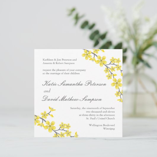 Uitnodiging tot weduwschap met gele en grijze bloe (Staand voorkant)