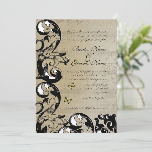 Uitnodiging tot weduwschap met gele vlinder (Staand voorkant)