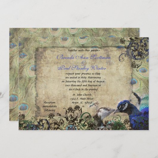 Uitnodiging tot weduwschap met het kussen Peacock (Voorkant / Achterkant)