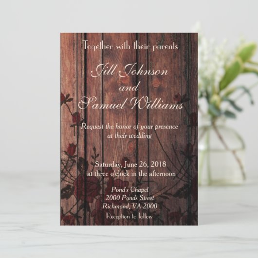 Uitnodiging tot weduwschap met hout en rode faux (Staand voorkant)