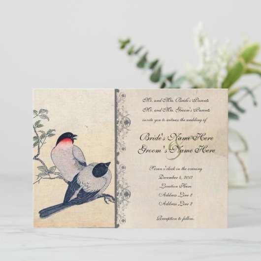 uitnodiging tot weduwschap met Japanse lovevogels (Staand voorkant)