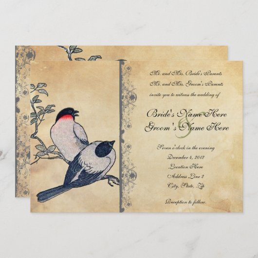  uitnodiging tot weduwschap met Japanse lovevogels (Voorkant / Achterkant)