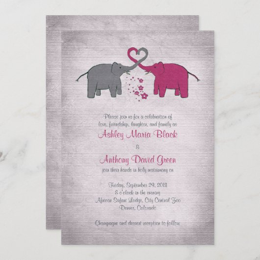 Uitnodiging tot weduwschap met roze en grijze olif (Voorkant / Achterkant)