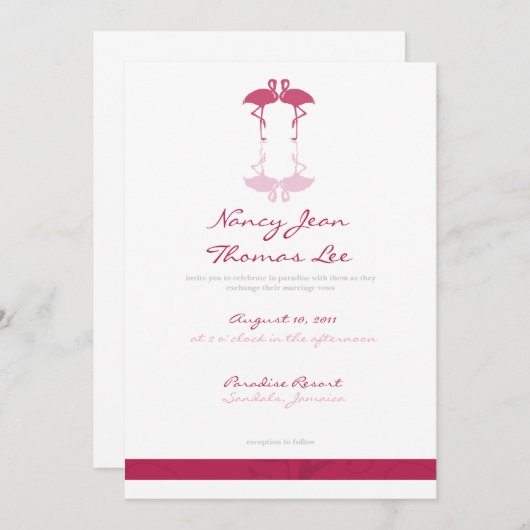 Uitnodiging tot weduwschap met roze flamingos (Voorkant / Achterkant)