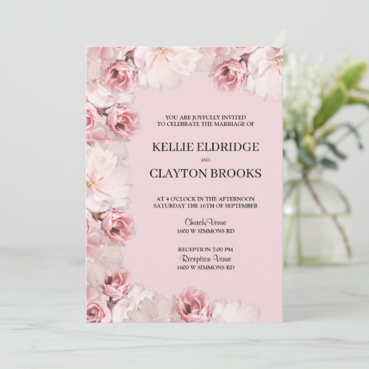 Uitnodiging tot weduwschap met roze/witte Floral (Staand voorkant)