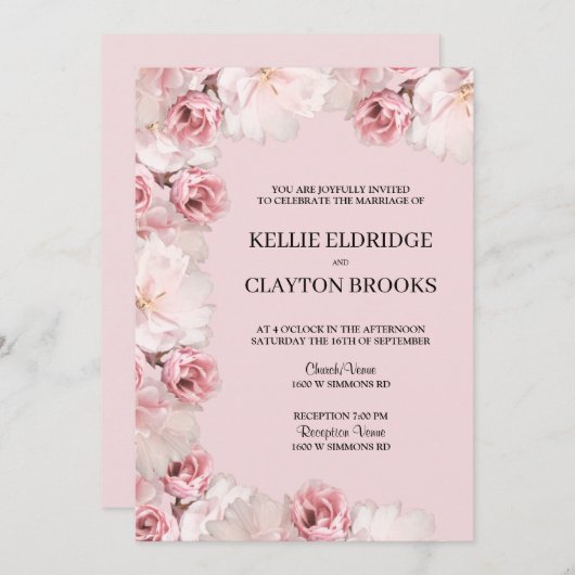 Uitnodiging tot weduwschap met roze/witte Floral (Voorkant / Achterkant)