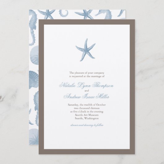 Uitnodiging tot weduwschap met Starfish - BLUE (Voorkant / Achterkant)