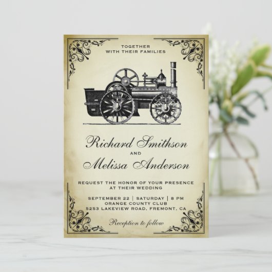 uitnodiging tot weduwschap met stoamlocomotief (Staand voorkant)