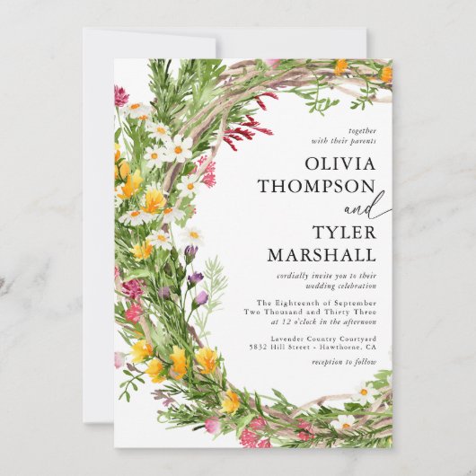 Uitnodiging tot weduwschap met wilde bloemen Bohem (Voorkant)