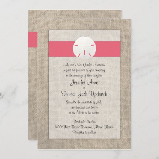 Uitnodiging tot weduwschap met zanddollar - koraal (Voorkant / Achterkant)