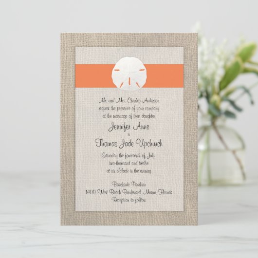 Uitnodiging tot weduwschap met zanddollar - Oranje (Staand voorkant)