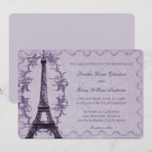 Uitnodiging tot weduwschap over Paarse Eiffeltoren (Voorkant / Achterkant)