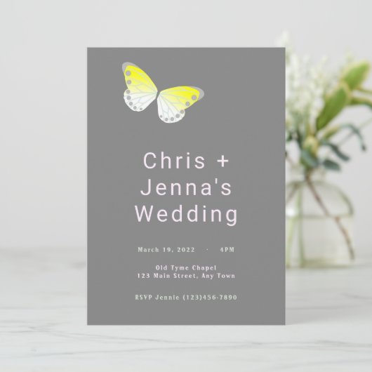 Uitnodiging tot weduwschap rond witte en gele vlin (Staand voorkant)