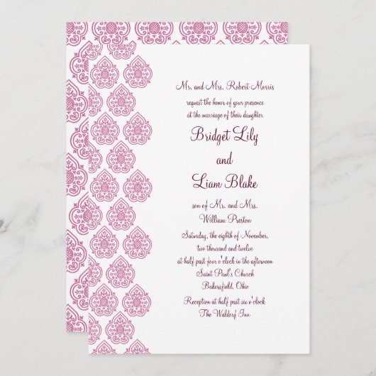 uitnodiging tot weduwschap tussen Damask (roze) (Voorkant / Achterkant)